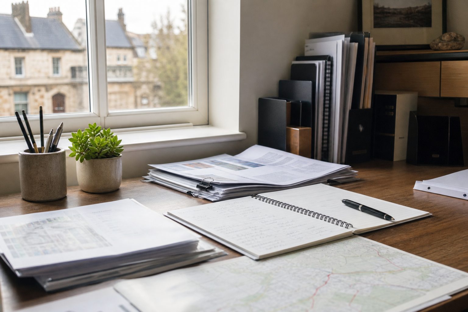Office desk with business documents in natural daylight